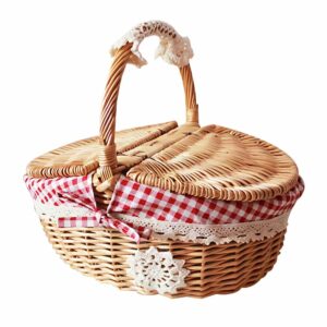 Panier pique-nique en osier rouge vichy avec dentelle - 2 à 4 personnes
