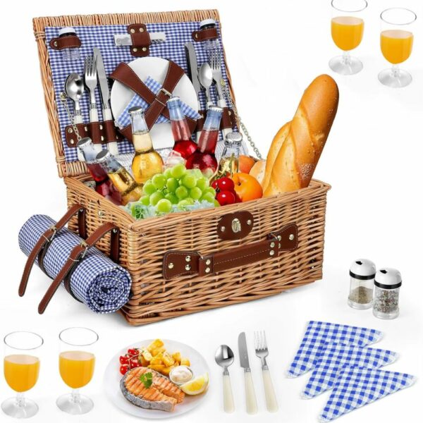 Kit pique-nique bleu vichy pour 4 personnes : panier en osier et accessoires complets
