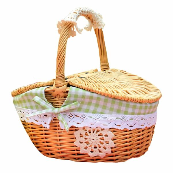 Panier pique-nique en osier vert vichy avec dentelle - 2 à 4 personnes