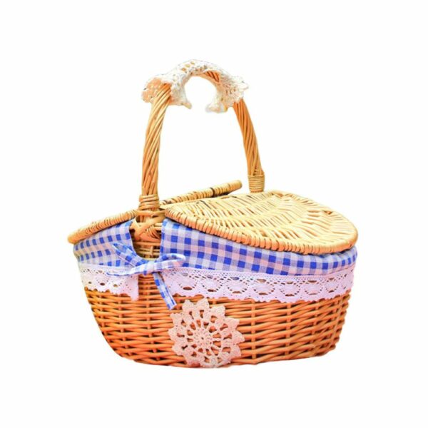 Panier pique-nique en osier bleu vichy avec dentelle - 2 à 4 personnes