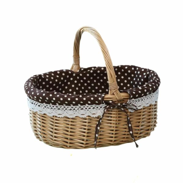 Panier pique-nique ouvert en osier avec tissu marron à pois - 2 ou 4 personnes