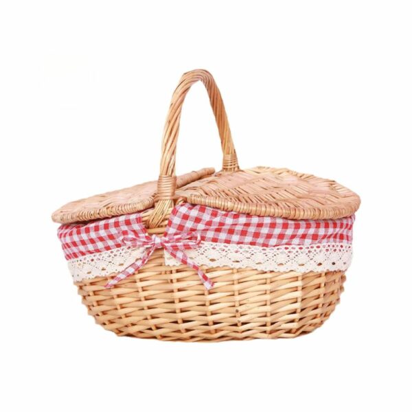 Petit panier pique-nique rond en osier et tissu rouge - 2 personnes