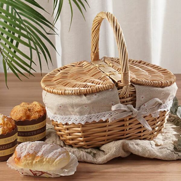 Petit panier pique-nique rond en osier et tissu blanc - 2 personnes – Image 3